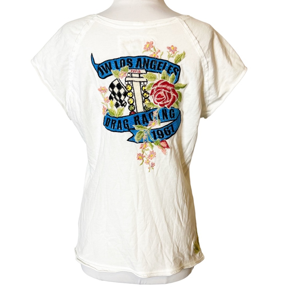 Johnny Was White Tee with Floral and Graphic Embroidery